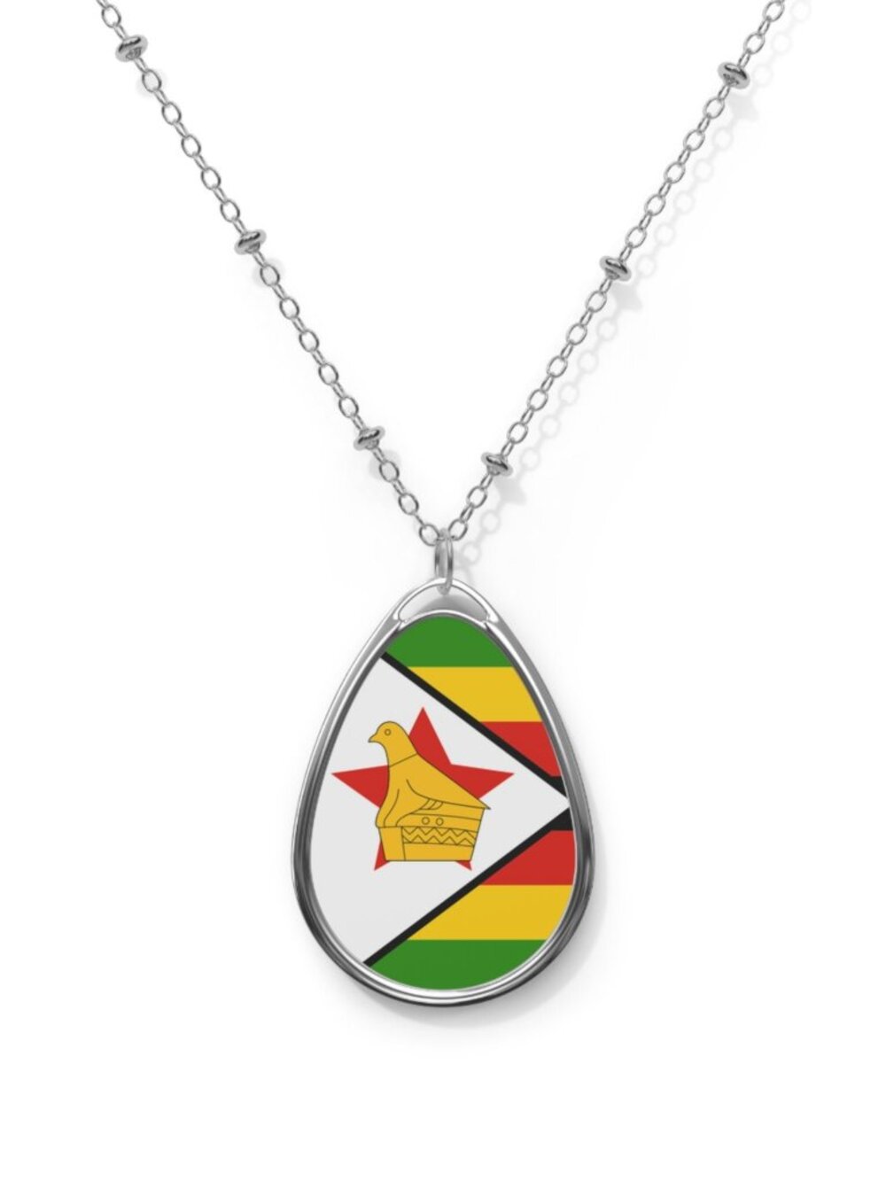 Zimbabwe Flag Oval Necklace – Patriotic Gift Pendant - One Size / Silver